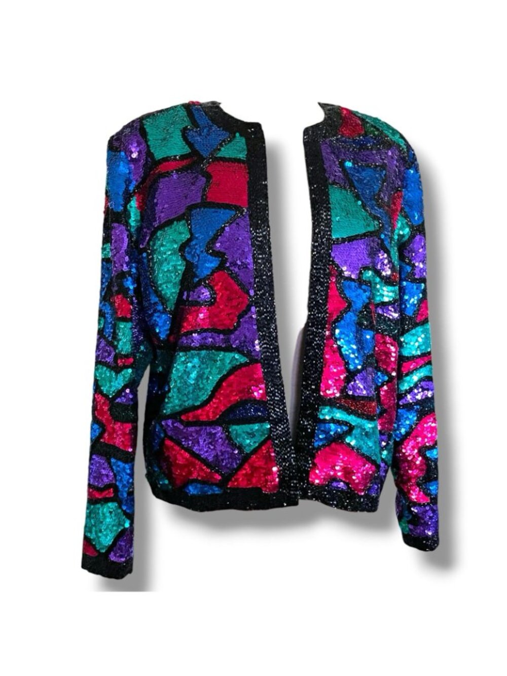 Vintage Oleg Cassini Black Tie Jacket Sz Large Jewel Tone Beaded Sequin Silk - Picture 6 of 10